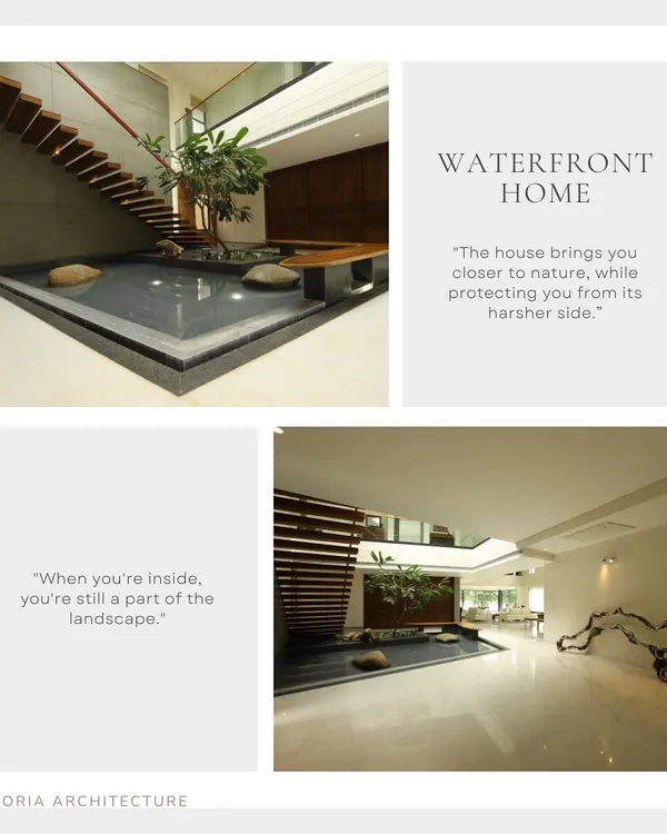 A collage of our "Waterfront Home" project, featured in Architectural Digest. The design philosophy was to create an interior that feels like a part of the landscape, protecting from the elements while embracing the view.
