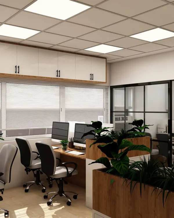 A bright, modern open-office concept featuring clean lines, ample natural light, and wooden planters that act as natural dividers between workstations. This design promotes a healthy and collaborative atmosphere.