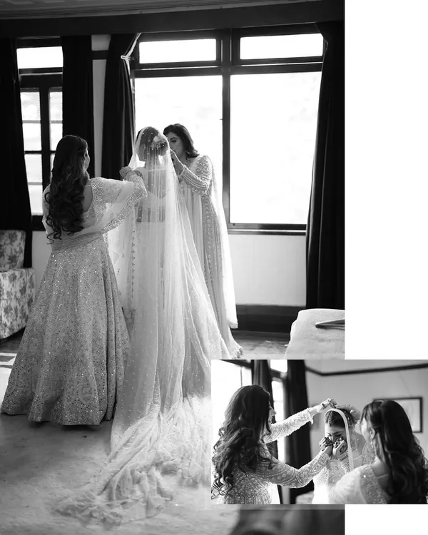 A black and white collage of the bride getting ready, with her bridesmaids helping with her veil. It's a timeless and emotional moment of friendship and support.