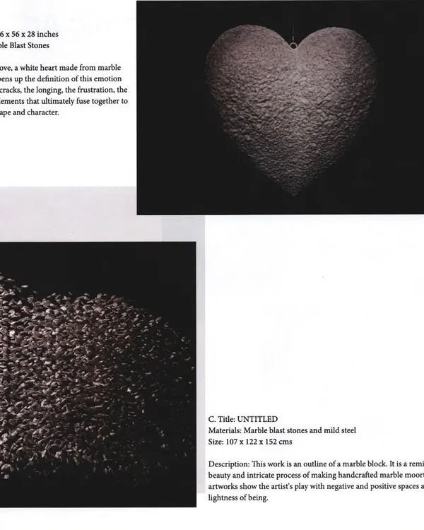 This page from a catalogue details two of my marble works. 'Love', a heart-shaped sculpture, and 'Untitled', an abstract piece, are both made from marble blast stones, exploring emotion and form through recycled stone.