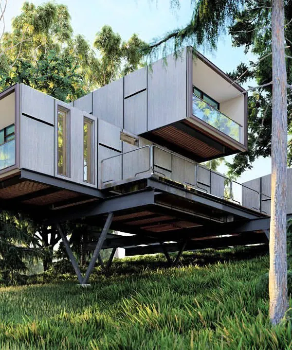 A conceptual design for a 'jungle house' on stilts. This visualization explores how modern, modular architecture can be elevated to coexist with a dense forest environment.