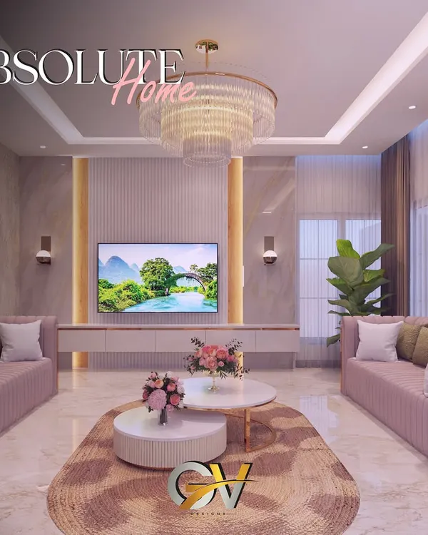 We design living rooms that are the epitome of elegance and comfort. This space combines plush, custom-upholstered sofas, a stunning tiered chandelier, and a sophisticated false ceiling with integrated lighting to create an atmosphere of absolute luxury.