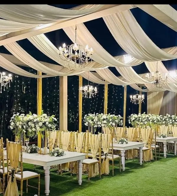 I create dreamlike reception settings like this elegant outdoor setup. The design features beautiful white fabric draping, classic chandeliers, and lush white floral arrangements for a timeless and sophisticated look.