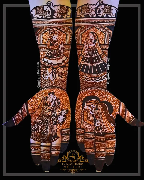 This is what I love to do most, telling your unique love story through mehendi. This full bridal design features four distinct portraits of the couple, capturing different moments of their journey together, all framed by classic Indian motifs.