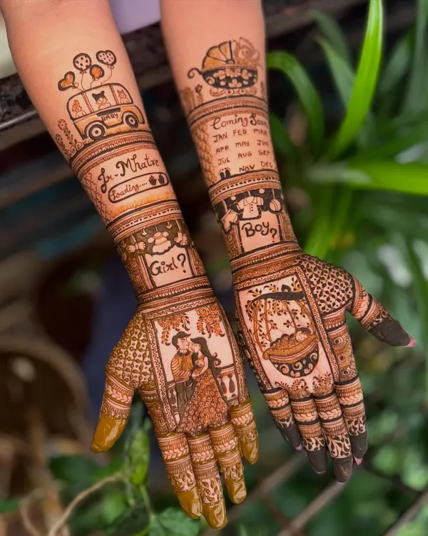 This custom baby shower mehendi tells the parents' story, featuring portraits, a due-date calendar, and playful 'Boy or Girl?' elements. I love bringing your personal journey to life through my art.