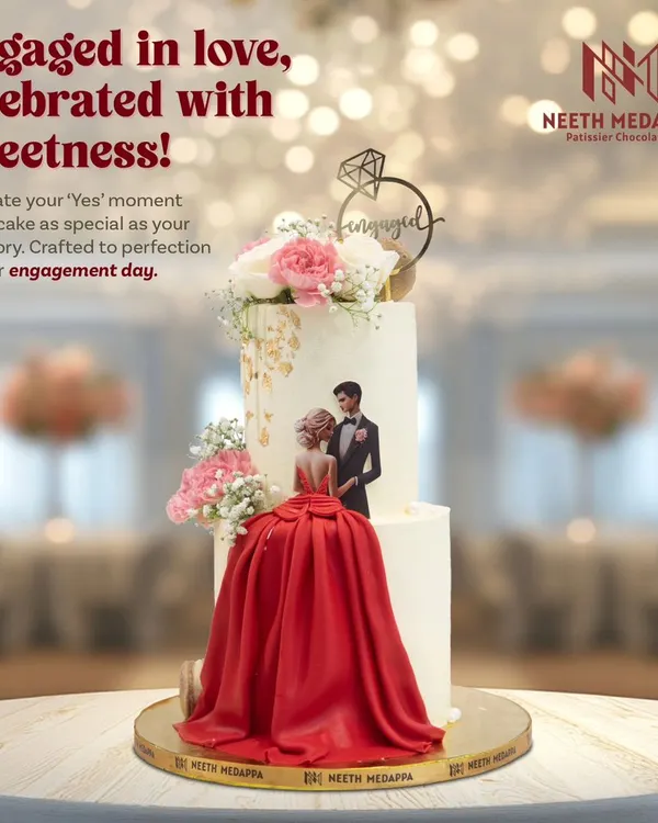 Engaged in love, celebrated with sweetness. This stunning engagement cake features a custom illustration of the couple, with the bride's flowing red dress created from sugar. It's a perfect example of how I tell your love story through cake.