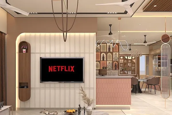 This is a 3D design concept we created for an upcoming bungalow project. It shows the living area with a fluted TV panel, a bar counter with pink tiles, and a view into the dining space, helping the client visualize the open and connected layout.