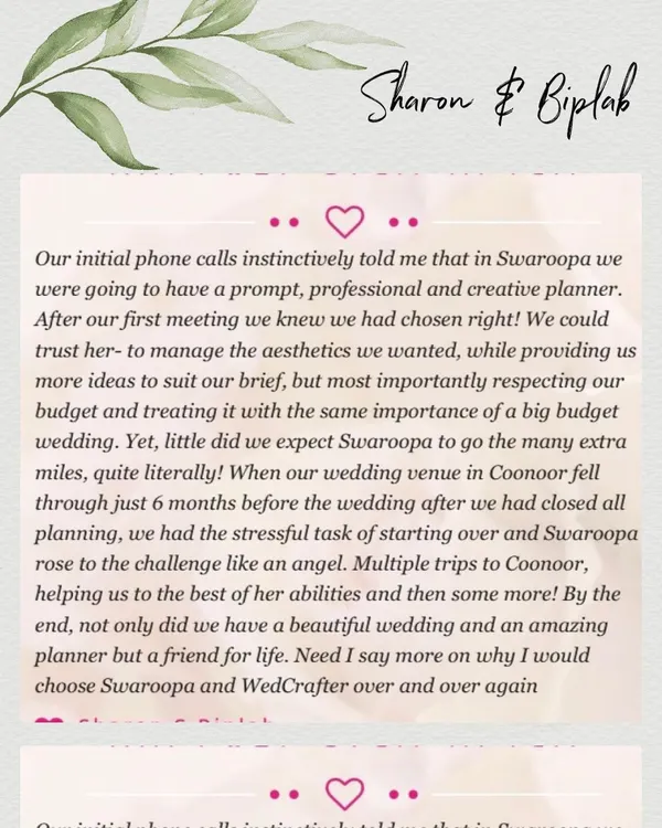 This testimonial from Sharon and Biplab means the world to me. Knowing I could solve problems and deliver a beautiful wedding, all while building a lasting friendship, is the core of why I love my job. ❤️