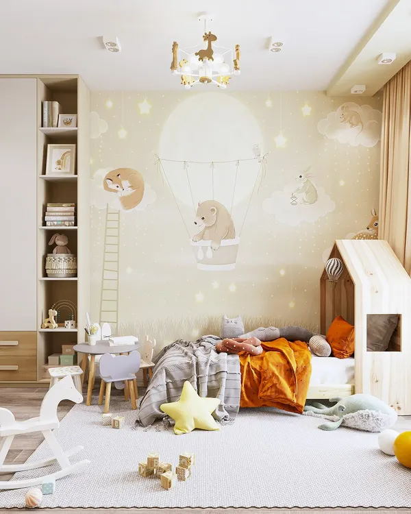 A whimsical kid's room with a charming hot-air balloon mural, a house-frame bed, and a small table for creative activities.