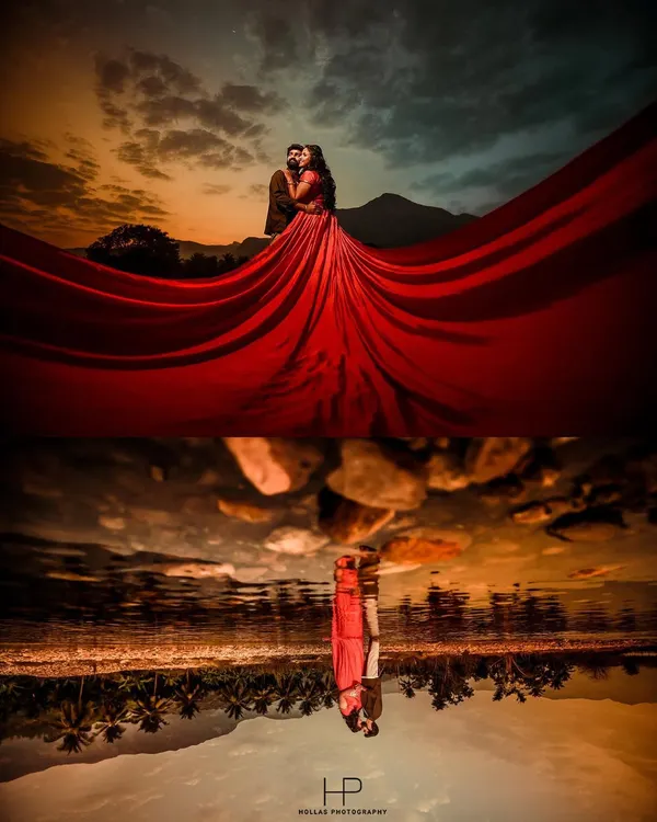 A dramatic pre-wedding portrait using a flowing red gown to create a stunning visual against the sunset and its reflection in the water. This is the kind of epic, storytelling shot we can create in a beautiful landscape.