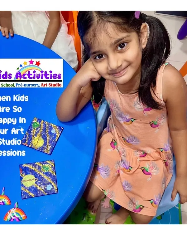 The pure happiness on this young artist's face says it all. She is pictured here during one of our art studio sessions with her colorful creations. My studio is a happy space where kids can be themselves, make new friends, and feel proud of what they make.