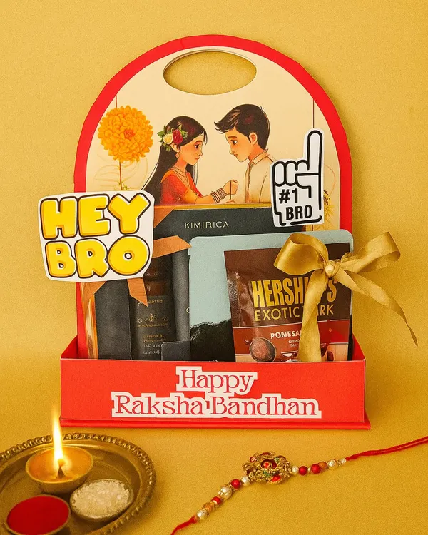 A fun and quirky Rakhi hamper for the '#1 Bro'. This gift basket features a cool illustration, Hershey's chocolates, and other treats, making it a modern way to celebrate Raksha Bandhan.