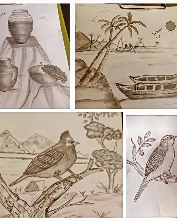 This collage showcases the work from my adult sketching classes, focusing on core exam topics. You can see examples of still life with pottery, landscape composition with boats, and detailed nature studies of birds, all done with pencil.