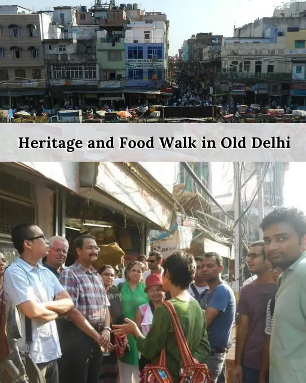 A collage announcing our Heritage and Food Walk in Old Delhi. This popular tour starts at Jama Masjid and winds through historic markets and lesser-known mosques, with delicious food stops along the way.