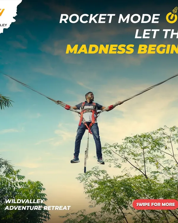This is our signature Rocket Ejector at the Adventure Retreat on Kanakapura Road. It’s a pure adrenaline rush that launches you into the sky for an unforgettable thrill and a fantastic view of the resort.