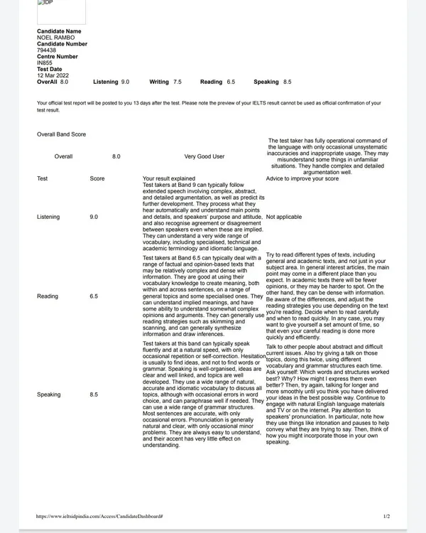 Noel Rambo's official test result shows an overall band of 8.0. His exceptional scores of 9.0 in Listening and 8.5 in Speaking highlight the effectiveness of our targeted training methods for each IELTS module.