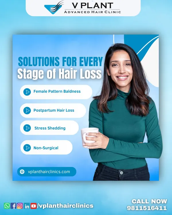 We provide specialized solutions for every type of hair loss women may face. This graphic highlights our expertise in treating female pattern baldness, postpartum hair loss, and stress-related shedding with effective non-surgical options.