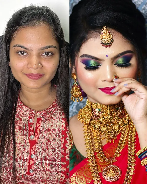 A dramatic before and after of a South Indian bridal look. The final look features a bold, colorful eye makeup that beautifully complements the traditional temple jewelry.