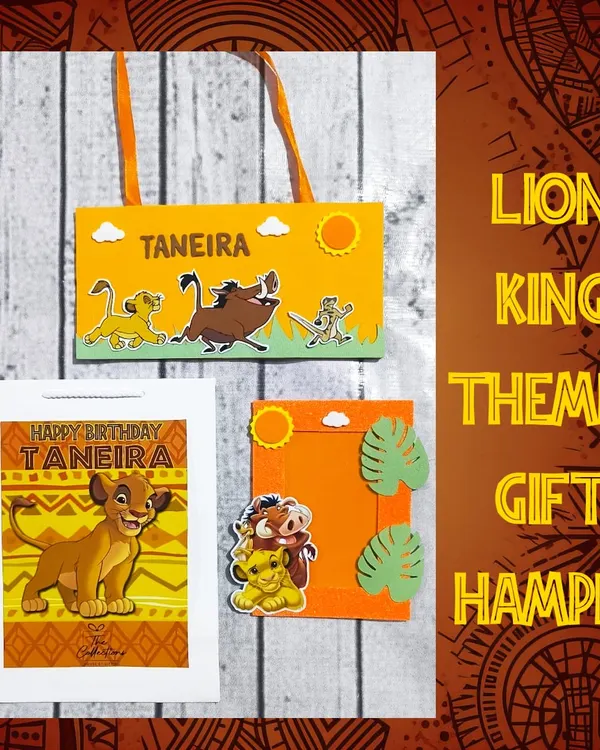 This Lion King-themed gift hamper features a personalized nameplate and a photo frame, all beautifully presented in a custom paper bag.