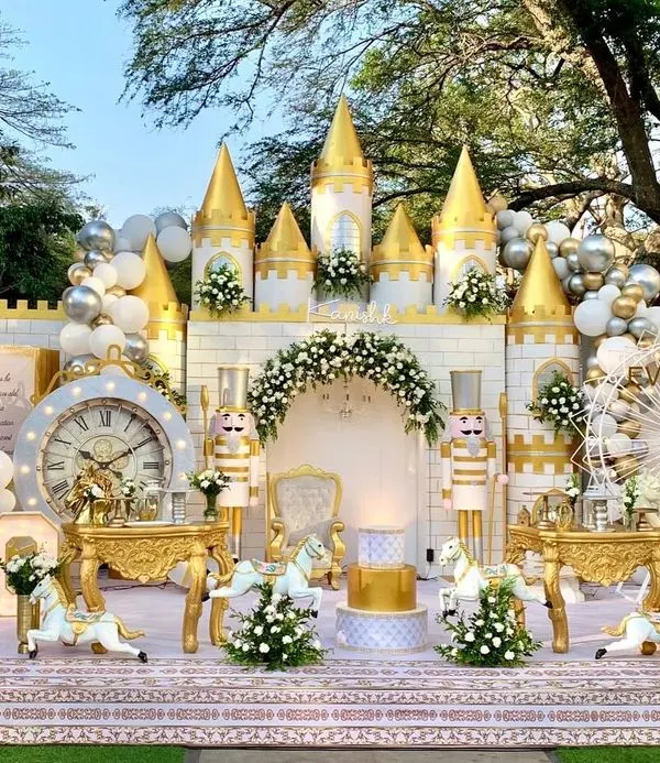 This grand, fairytale castle setup for a 10th birthday is a perfect example of bringing a fantasy to life. The entire scene, from the towering castle backdrop to the nutcracker guards and carousel horses, creates an unforgettable royal celebration.