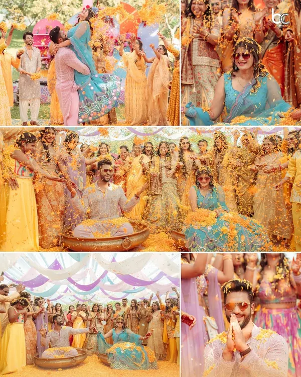 A vibrant collage from a 'pastel carnival' Haldi, showing the couple being showered with flower petals and turmeric in a joyous celebration with loved ones.
