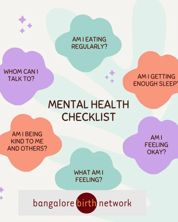 Here is a simple mental health checklist for new and expecting moms. Asking yourself these small questions daily can help you stay in tune with your needs. Are you eating? Sleeping? Feeling okay? It's important to check in with yourself.