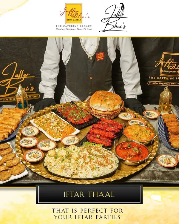 Our Iftar Thaal is the perfect centerpiece for your festive parties. This abundant platter includes a variety of our signature dishes, from biryani and kebabs to curries and desserts, designed for sharing.