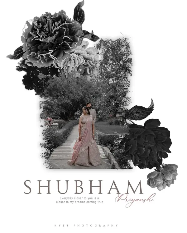 A creative edit for Shubham and Priyanshi's engagement shoot. I combined a classic couple portrait with monochrome floral elements to create a modern, artistic announcement photo.