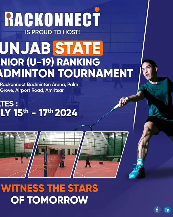 An announcement poster for the Punjab State Junior (U-19) Ranking Badminton Tournament. We are proud to host and manage prestigious events like this, providing a platform for the stars of tomorrow.