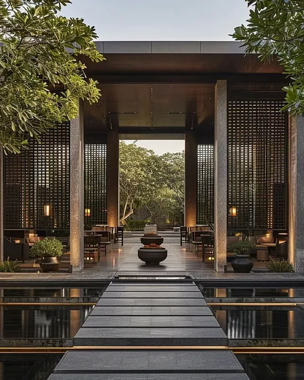 This minimalist luxury entrance uses a balanced composition of stone, wood, and water to create a powerful sense of arrival. The design provides a clear, elegant path while establishing a tranquil, high-end atmosphere.