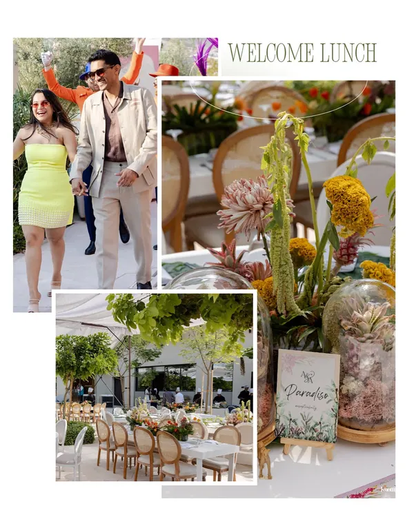 A collage from a destination pre-wedding in Bahrain, showing the welcome lunch setup and the couple's arrival. We create a seamless and beautiful journey from the very first event.