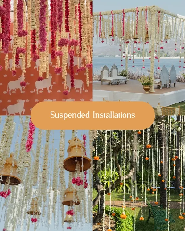 This collage showcases one of our favorite techniques: suspended floral installations. Using strings of tuberoses, marigolds, and temple bells, we create breathtaking overhead decor that transforms any space.
