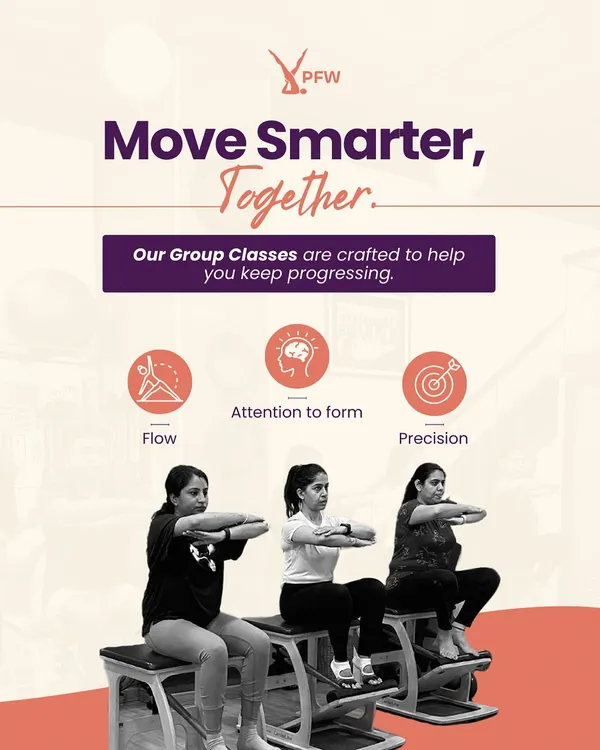 Move smarter, together. Our group classes are crafted to help you keep progressing with a focus on flow, attention to form, and precision. Here, clients work on the Wunda Chair, building strength in unison.