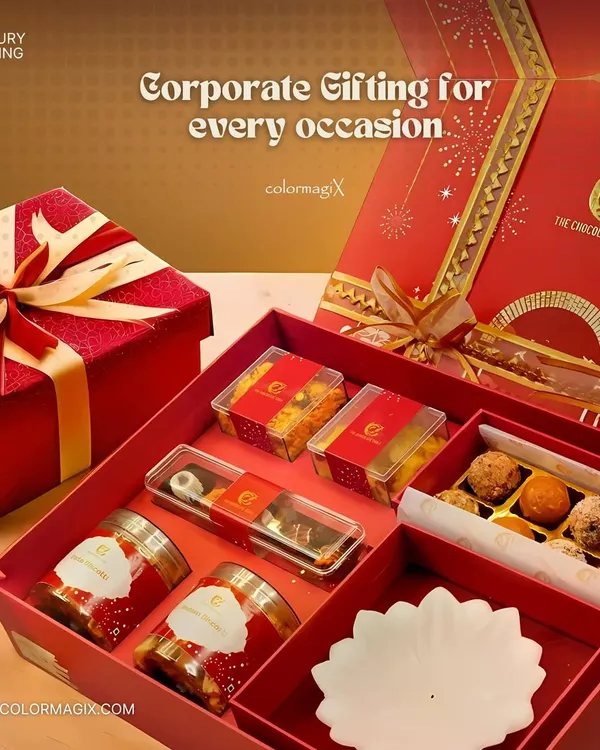 We are your trusted partner for corporate gifting on every occasion. This grand red hamper is filled with a variety of sweets, savories, and a decorative diya, perfect for making a lasting impression.