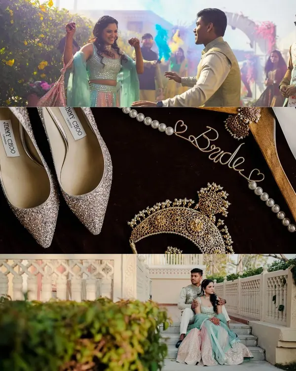 A collage from a destination wedding in Jaipur, showcasing the vibrant colors of a Holi celebration, bridal details, and a serene portrait on the steps of Indana Palace.