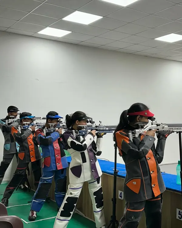 Our national-level rifle shooters in a group training session, creating a competitive and motivational environment to push their limits.