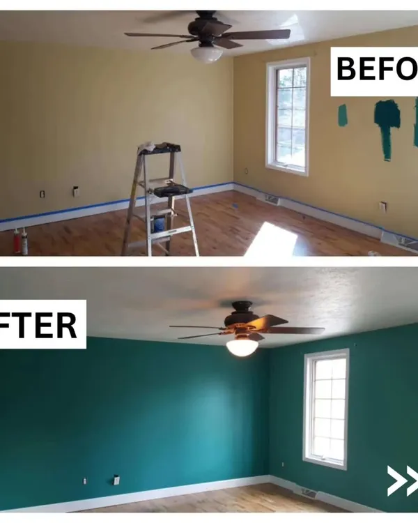 A fresh coat of paint can completely redefine a room. We transformed this space from a dated yellow to a modern and sophisticated deep teal, creating a bold and inviting atmosphere. This is a great example of how a single colour choice can make a powerful impact.