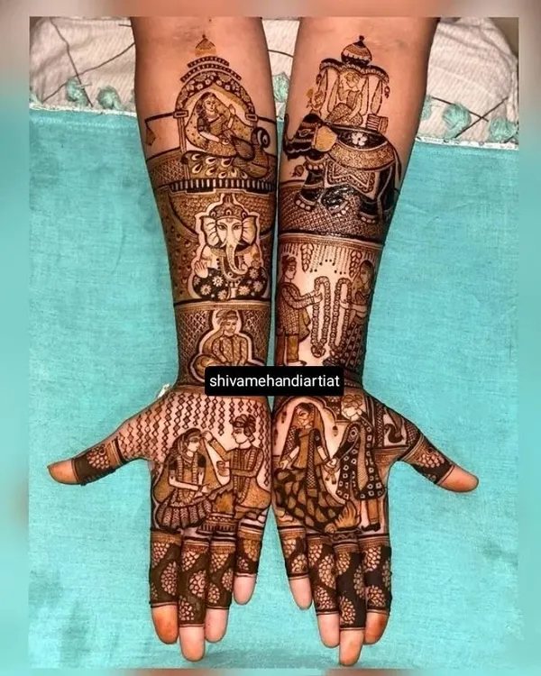 A complete wedding story told through henna, this design includes portraits of the couple, a doli scene, varmala ceremony, and a central Ganesha figure for blessings.