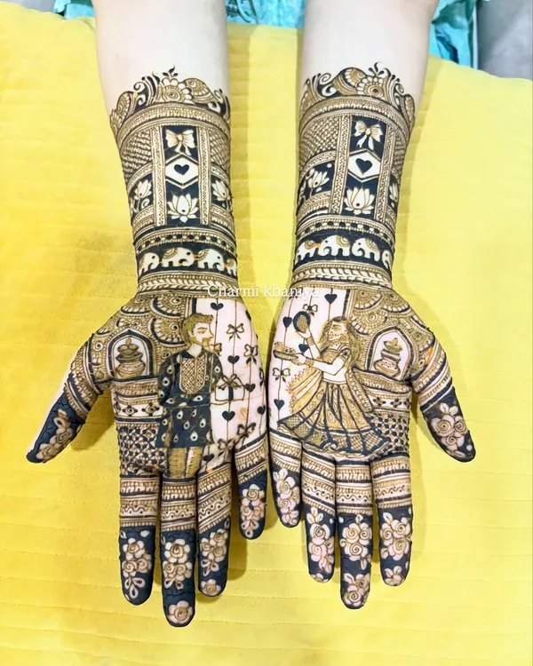 A beautiful Teej festival design featuring a couple celebrating together. I can customize the figures to tell your unique love story, surrounded by traditional motifs like elephants and lotuses.