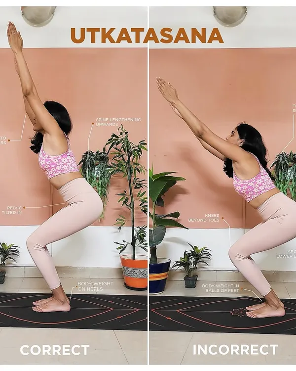 A visual guide to the correct and incorrect alignment in Utkatasana, or Chair Pose. Notice the importance of keeping your knees behind your toes and lengthening the spine.