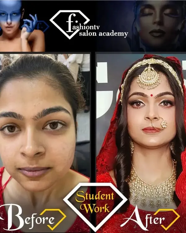 A powerful before-and-after transformation by one of our students, showcasing the skills to create a complete, traditional bridal look with flawless base, defined eyes, and perfect contouring.