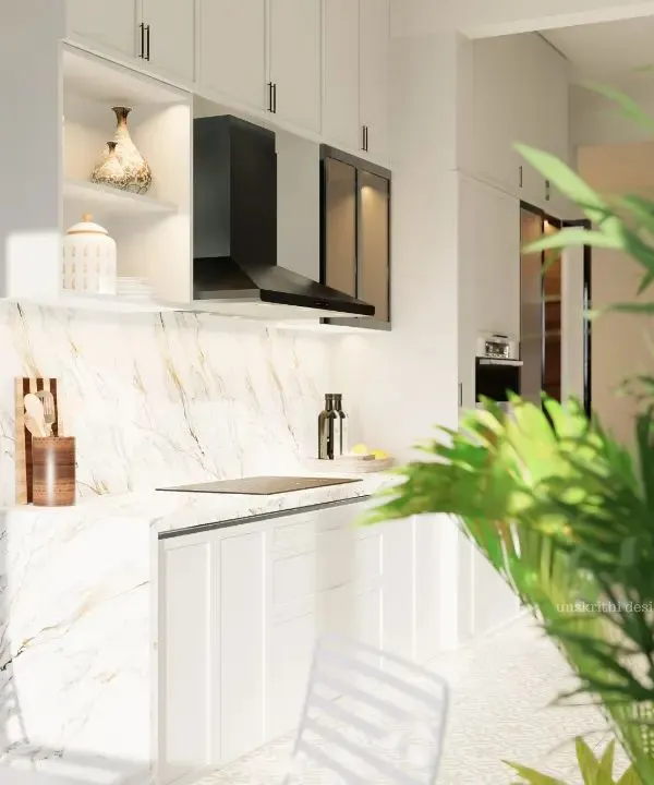 The brief for this kitchen was simple: plain, classical, and bright. We delivered with white shaker-style cabinets, a stunning marble backsplash that extends up the wall, and plenty of natural light from the side, creating a timeless and airy workspace.