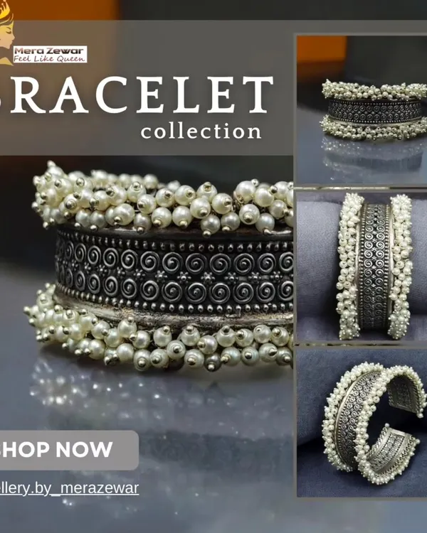 This collage shows my oxidized silver bracelet with pearl ghungroos from multiple angles. It's a versatile statement piece that you can wear alone to make a statement.