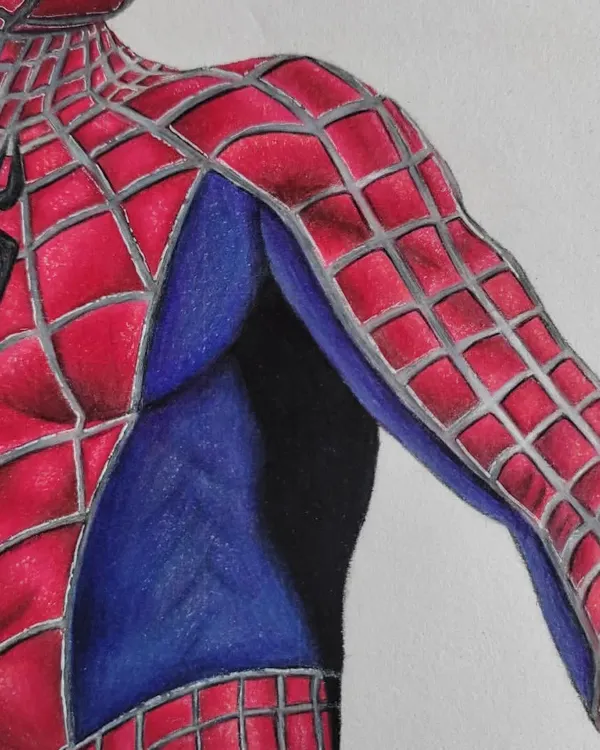 A close-up of the finished Spider-Man illustration, focusing on the muscle definition and the texture of the suit. This piece took 12 hours using a mix of Derwent and Prismacolor pencils.