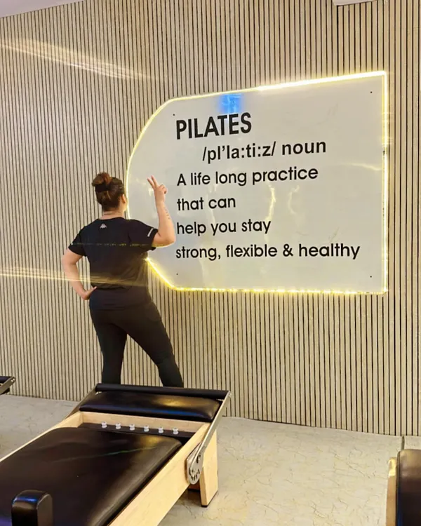 My happy hour! Our studio is a place where you can focus on yourself. The motivational wall says it all: Pilates is a lifelong practice for staying strong, flexible, and healthy.