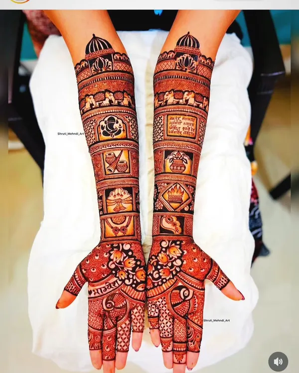 This is the kind of intricate work I am known for. A full-arm design packed with traditional Indian motifs, including Lord Ganesha for blessings, auspicious kalash symbols, and detailed architectural patterns inspired by Rajasthani palaces.