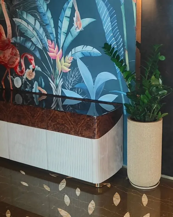 A Zamioculcas zamiifolia, or ZZ plant, in a tall, textured ceramic pot. Its placement next to a modern credenza and a bold, tropical-print wall shows how I use plants to enhance interior design.