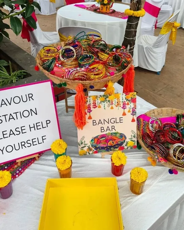 Our 'Bangle Bar' favor station is a fun and colorful addition to any Mehendi or Sangeet event. Guests are invited to help themselves and create their own set of bangles to wear and take home.