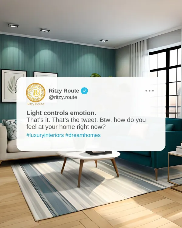 Light is a key element in controlling the emotion of a space. This living room uses a cool teal accent wall and large windows to create a refreshing and calm environment. The simple, modern furniture and ample natural light make it an inviting space to relax and unwind.