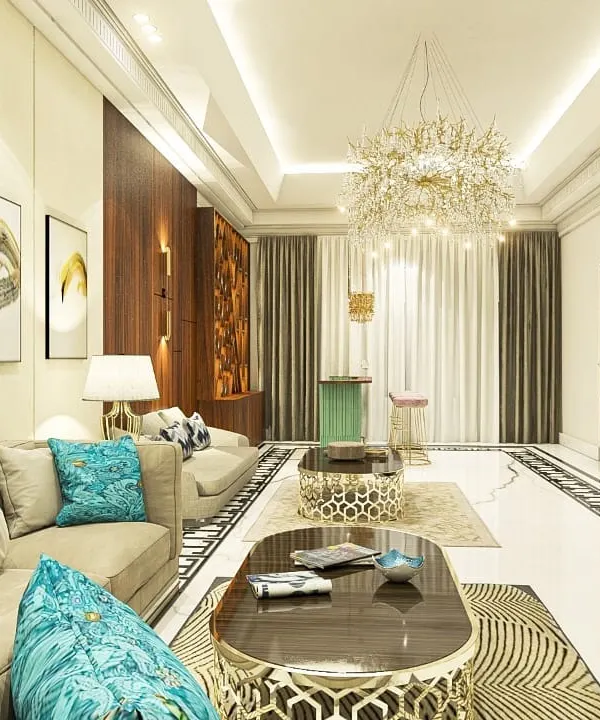 This expansive living room is designed for luxury and entertainment, featuring a stunning floral-patterned chandelier as its centerpiece. I used a neutral color palette with vibrant turquoise accents and gold-detailed coffee tables to create a chic and inviting atmosphere.